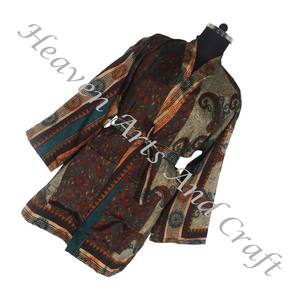 KS013 Beautiful Vintage <b>Silk</b> Sari Vintage <b>Kimono</b> Short Vintage <b>Silk</b> Sari <b>Silk</b> Hand Made Women Robes With Pockets and Belt OEM - Product Image 2