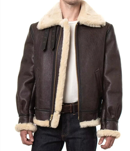 Veste d'hiver pour homme en fausse fourrure sherpa, 100% cuir véritable, grande taille, col rabattable, chauffante, coupe-vent, écologique - Product Image 3