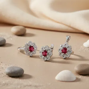 Joyería Floral, Anillo, Aretes y Colgante con Diseño de Flor de Rubí, Chapado en Oro Rosa, Regalo de Boda para Mujer, Plata de Ley 925 - Product Image 3