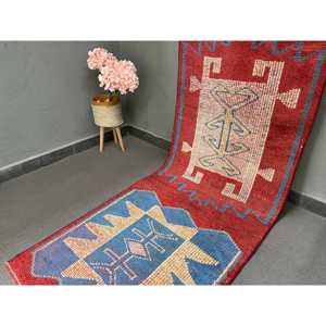 Vintage <b>Runner</b> Rug 2.7x9.7 ft, Turkish Herki <b>Red</b> Abstract Wool Rug - Product Image 2