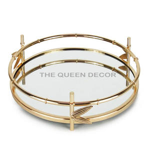 New Arrival Design Serving Decorative Tray Metal & <b>Mirror</b> Decorative Tray With <b>Gold</b> Finishing Border <b>Round</b> - Product Image 1