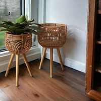 Dalam ruangan luar ruangan pot dekoratif penanam anyaman rotan anyaman taman balkon dekorasi rumah penanam bunga anyaman dengan kaki dudukan kayu