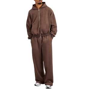 Logo personnalisé lourd 340g Polyester/coton polaire décontracté unisexe survêtements Zip surdimensionné Baggy pantalons de survêtement à capuche ensemble de sweat à capuche - Product Image 1