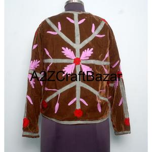 Veste décontractée régulière en coton doublé de velours doux et respirant, brodée à la main, motif floral, pour l'hiver et l'automne - Product Image 5