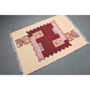 Alfombra Turca Vintage de 2.9x3.9 pies, Alfombra Pequeña de Lana con Diseño de Patchwork Beige - Product Image 1