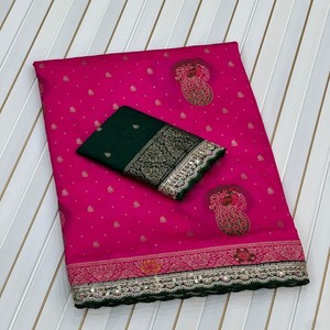 Sari de Seda Dola Pura de Lujo VASTRA COTTAGE con Bordado Meenakari Zari, Borde con Secuencia de Codificación y Blusa en Contraste - Product Image 5