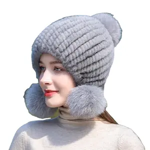 HIGH quality Hot Sale Real Mink Fur Hat For Women Knitted Mink Fur Ear Warm hat Beanies hat With Fox Fur Pompom On Th