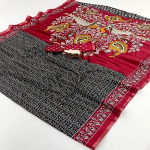 ผ้าไหมทัสซาร์เนื้อนุ่มปักลายคาลัมคารีสวยงามหรูหราสำหรับผู้หญิง พร้อมขอบสีทองทันสมัย แบบไม่มีเสื้อคลุม - Product Image 1