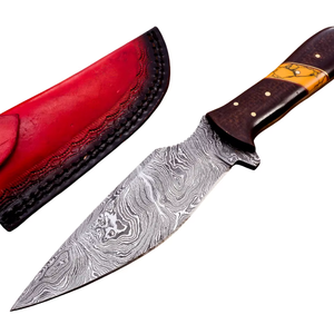Cuchillo de caza de acero de Damasco personalizable OEM con funda de cuero y mango de Micarta patrón trenzado al por mayor - Product Image 1