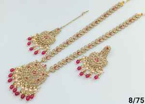 Conjunto de collar redondo largo y chapado en oro tradicional indio y de moda con pendiente y conjunto de collar Maagtika para mujer - Product Image 3