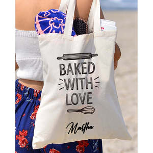 Bolsas de Lona de Algodón Personalizadas con Diseño 'Baked with Love', Bolsas de Compras con Logotipo Inspirado en Panadería, Bolsas de Estilo de Vida con Asa Larga - Product Image 3