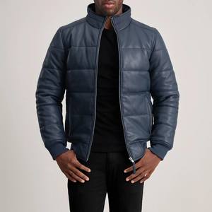 Chaqueta acolchada de cuero azul para hombre, ropa de calle atrevida, abrigo de invierno, prendas de vestir exteriores de cuero genuino hechas a mano - Product Image 5
