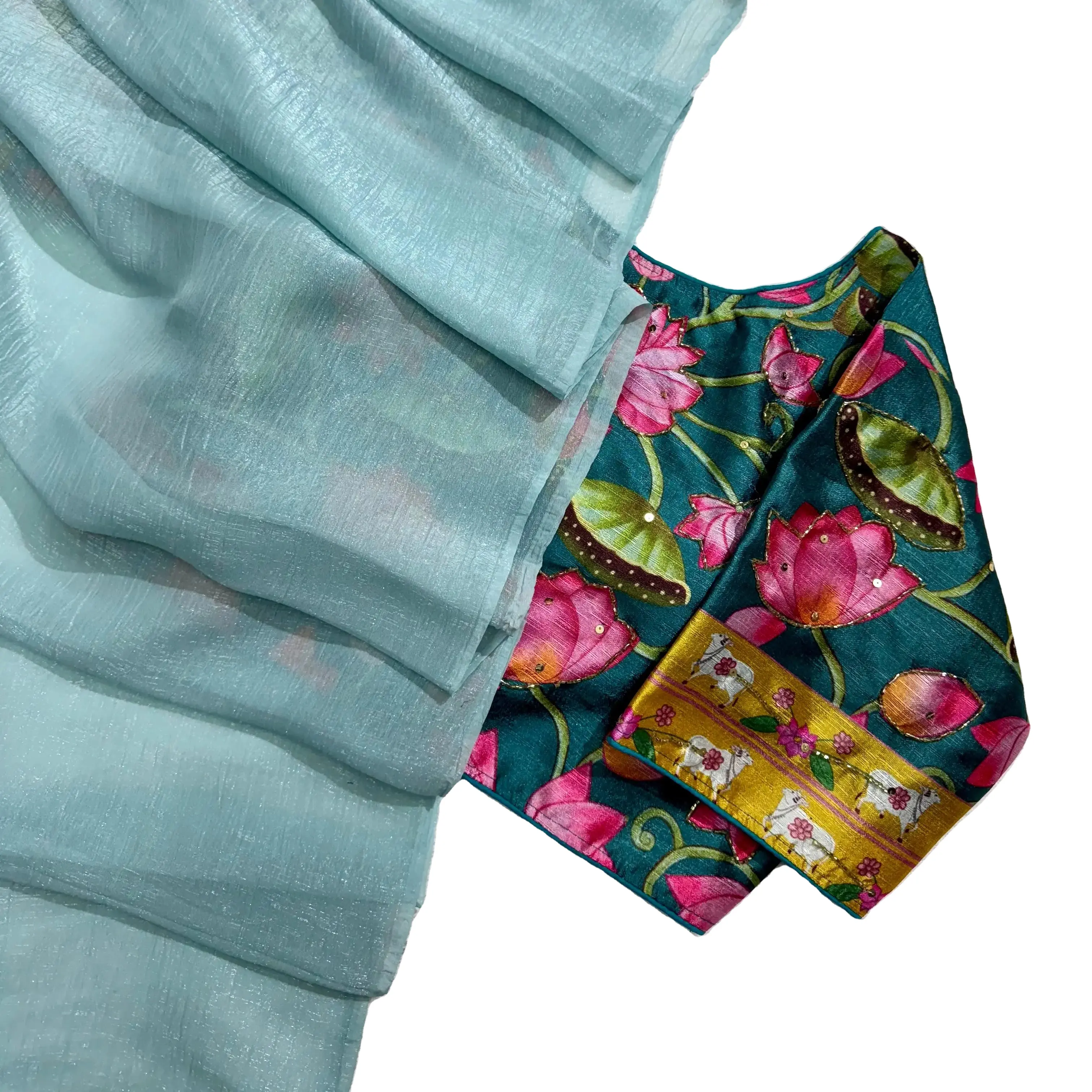 Seda Makhan con hermoso Jari de tono claro sobre sari y blusa de seda de punto de exportador indio