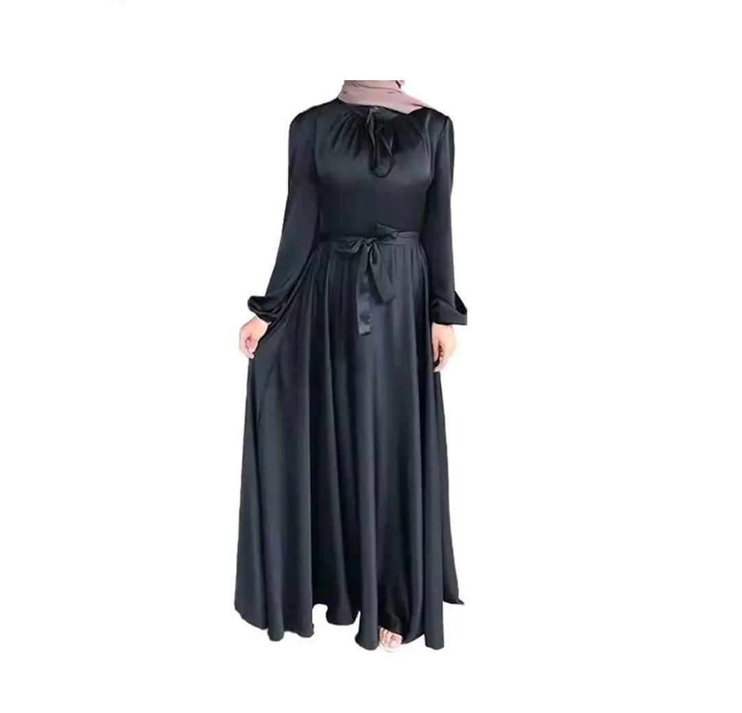 Gamis wanita lengan panjang, baju Muslim wanita lengan panjang, Abaya gaya Arab Dubai, kain sutra ukuran besar, warna polos