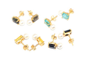 Pendientes de Botón de Diseño Único con Topacio Azul Suizo y Perla de Agua Dulce, Forma Rectangular, Chapados en Oro de 24k, Ligeros, de Latón, al por Mayor - Product Image 5