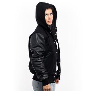 Veste universitaire pour femme en laine noire avec capuche et manches, personnalisable, respirante, sur mesure - Product Image 3