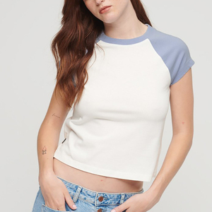 Tops cortos de cuello redondo transpirables con estampado de logotipo personalizado para mujer, camiseta recortada de Color sólido de verano, estilo informal, longitud corta - Product Image 5