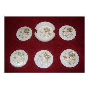 Polished Round Shape White Marble Inlay <b>Coaster</b> <b>Set</b> With Safe Handmade Marble Style Class Export Packing - Product Image 1