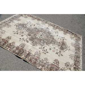 พรมวินเทจ ขนาด 6.1x8.9 ฟุต พรมตุรกี สีเบจเทา ลายดอกไม้ ทำจากขนสัตว์ - Product Image 4