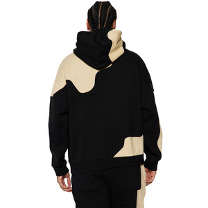 Top Trending <b>Men</b> <b>Black</b> Heavyweight Pullover <b>Hoodie</b> With Beige Applique Patches And Kangaroo Pocket For Sale - Product Image 4