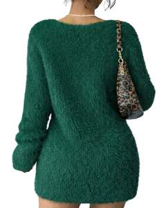 Robe pull en tricot moelleux vert émeraude personnalisée pour femmes, col en V, manches longues, douce, en peluche, chaude pour l'hiver, mode, OEM, vente en gros personnalisée - Product Image 2
