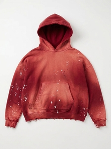 Custom <b>Men's</b> Crimson <b>Red</b> Washed Fleece Hoodie Oversized Distressed Paint Pullover Streetwear <b>Sweatshirt</b> OEM ODM - Product Image 6