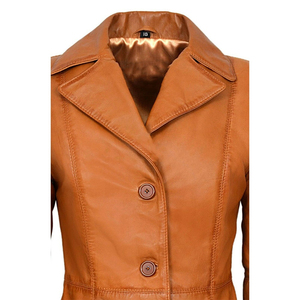 Abrigo de Cuero Tipo Gabardina para Mujer, Piel de Oveja Genuina, Color Marrón, Abrigo Largo de Invierno - Product Image 4
