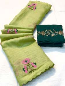 Kota doriya Saree แบบพรีเมียมที่มีลวดลาย Chex แบบถักเองทั่วส่าหรีมีขอบแบบหอยเชลล์และการออกแบบปักทั่ว - Product Image 2