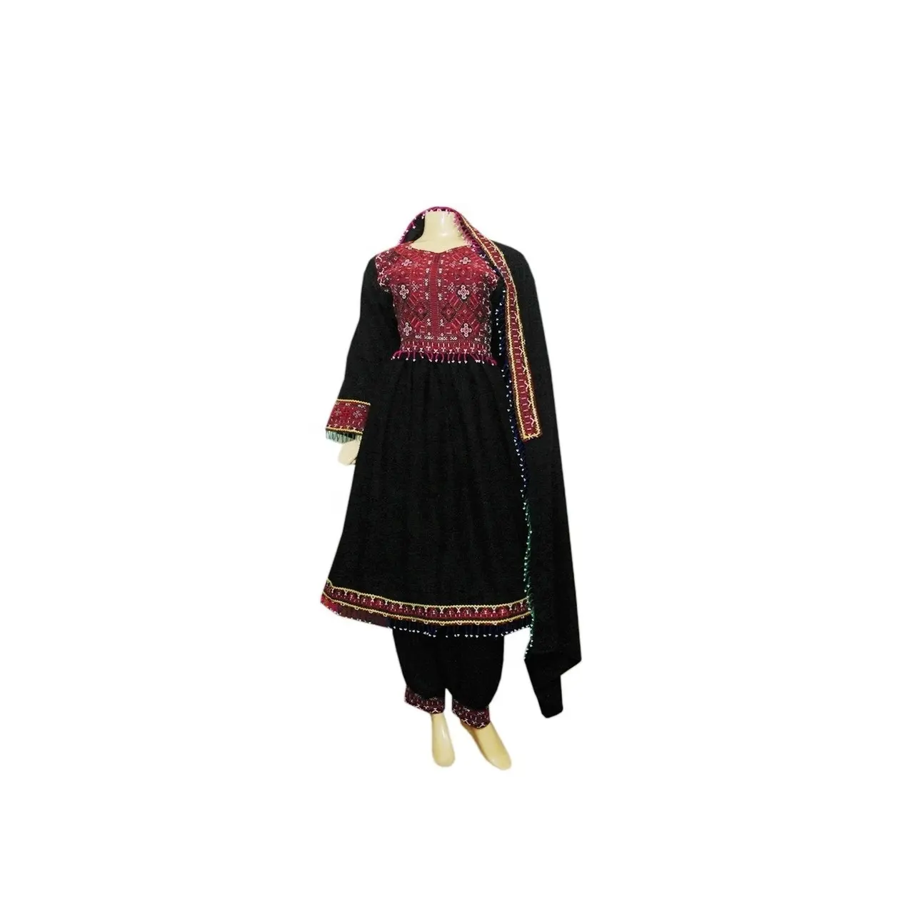 Afghani Kuchi Banjara Stammes kleid Afghanische Brautkleider Persische Bräute Kleidung Schwarze Farbe Mit Kastanien braunem Hals WS INTERNAT IONAL