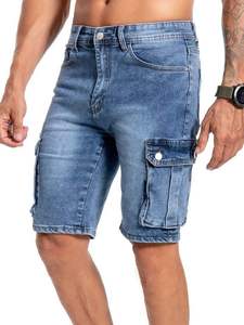 Pantalones Cortos Cargo de Mezclilla Lavada Azul Claro para Hombre, Cintura Media, Múltiples Bolsillos, Casuales, Elásticos, Estilo Bermuda, Ropa Urbana de Verano - Product Image 5