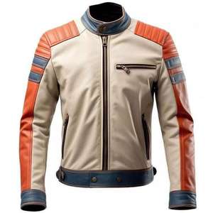 Chaqueta de motociclista para hombre de piel sintética con solapa con cuello, cierre de cremallera y bolsillos en el pecho - Product Image 2