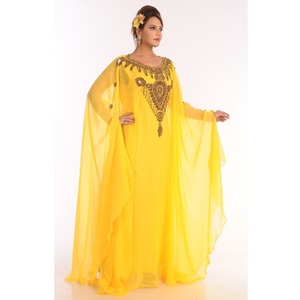 Vestido de caftán amarillo de moda Gandura Farasha tejido a mano Georgette vestido árabe traje islámico para mujeres para bodas y festivales - Product Image 1