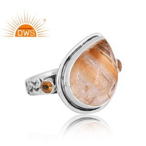Anillo de declaración de piedras preciosas de rutilo y citrino dorado Natural de plata de ley oxidada de la mejor calidad, fabricante de joyería personalizada - Product Image 2
