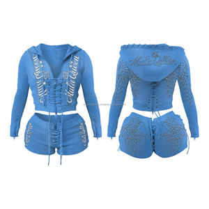 Ensemble Femme Tendance en Molleton Bouclette Effet Délavé au Soleil avec Short Zippé et Veste Courte Ornés de Strass Personnalisés 100% Coton – Grande Vente - Product Image 3