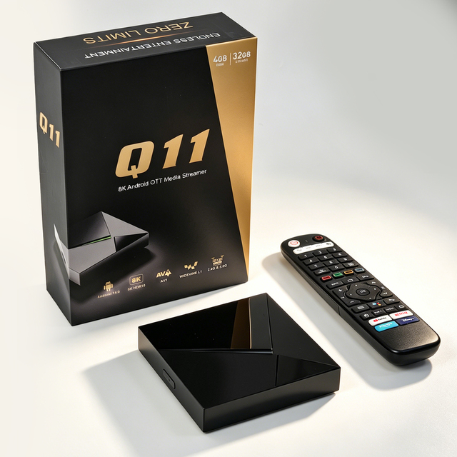 2026 Premium Q11 TV Box Android 14.0 Amlogic S905X4 4GB 32GB 8K Decoder Smart Android Box with Voice BT Remote Dual Wifi 2.4G 5G