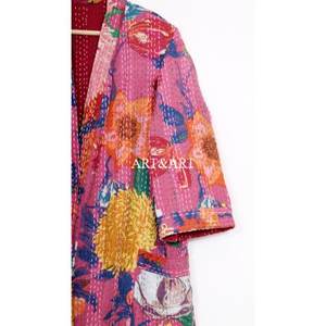 Kimono Kantha de Algodón de Diseño Vintage, Calidad de Exportación, Hecho a Mano, Reversible, con Parches, Largo, Floral, Transpirable, para Mujer, Verano - Product Image 2