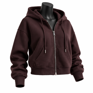 Sudadera corta con capucha y cremallera completa para mujer, de forro polar, color burdeos liso, estilo urbano, longitud corta, personalizable con logo. - Product Image 4