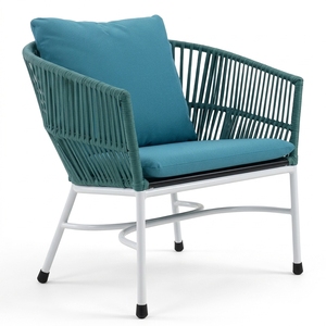 Fauteuil de jardin extérieur bleu sarcelle avec structure en métal blanc, chaise longue en corde tressée verte bleu sarcelle, chaise de patio moderne pour jardin - Product Image 1