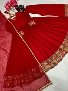 Simple/ Classy Look Red Color Embroidery Huge Flair Pattern Free Size High-Quality Pakistani Salwar Kameez Sets For Online Sale - Product Image 6