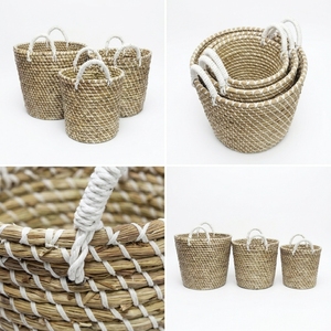 Natural Seagrass Storage <b>Basket</b> Set White Rope Wrapped Handle Round Planter Pot Laundry Bin Setup Decor Pure Art Room Design - Product Image 3