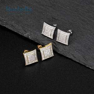 Offre Spéciale S925 Sterling Silver 14k Gold Round Diamond Iced Micro Pave Stud Boucle d'oreille pour hommes - Product Image 3