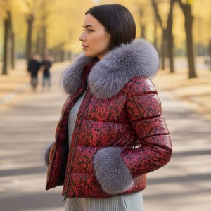 Veste d'hiver en cuir véritable pour femme avec col en fourrure de renard gris, fermeture éclair, coupe-vent, streetwear, doudoune - Product Image 3