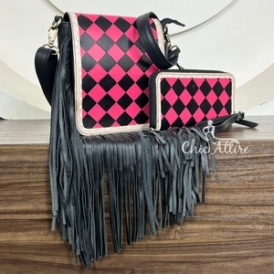 Western Hand Tooled Checkered Leather Fringe Crossbody & Clutch Set Stylish Two Piece Matching Bag Combo Boho Shoulder Purse - Product Image 1