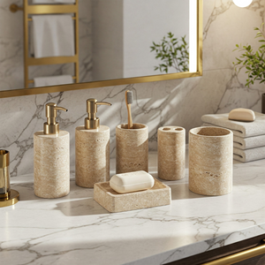 Juego de baño de travertino personalizable, organizador de tocador de lujo de piedra natural para decoración de hogar y Hotel, proveedor de confianza de 35 años - Product Image 5