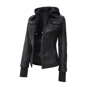 Veste en jean en cuir d'agneau véritable pour homme, nouvelle mode, col montant, style motard, à capuche, motif lettres, style urbain, hiver 2025 - Product Image 1