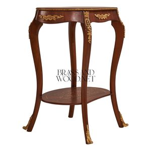 Mesa Auxiliar Ovalada de Lujo Estilo Francés de 2 Niveles con Incrustaciones Florales Coloridas y Detalles Ornamentales en Latón Dorado para Decoración de Palacios - Product Image 4