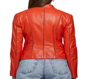 Chaqueta clásica de cuero de piel de oveja naranja Original para mujer 2025 MOQ bajo 100% chaquetas de moda calentadas de invierno al por mayor de alta calidad - Product Image 2