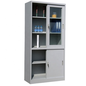 Meuble de rangement métallique démontable avec porte coulissante en verre et étagères pour bureau, école et maison - Product Image 1