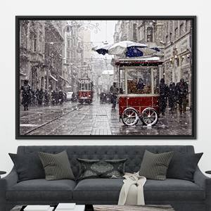 Printed <b>Canvas</b>: Winter Istanbul Landscape with Red Tram Artwork,1P:Black <b>Framed</b> - Product Image 1