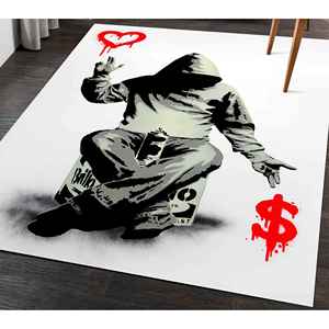Alfombra Banksy: Alfombra con Estampado de Arte de Graffiti 'Love or Money', Alfombra Suave con Pelo Largo - Product Image 1